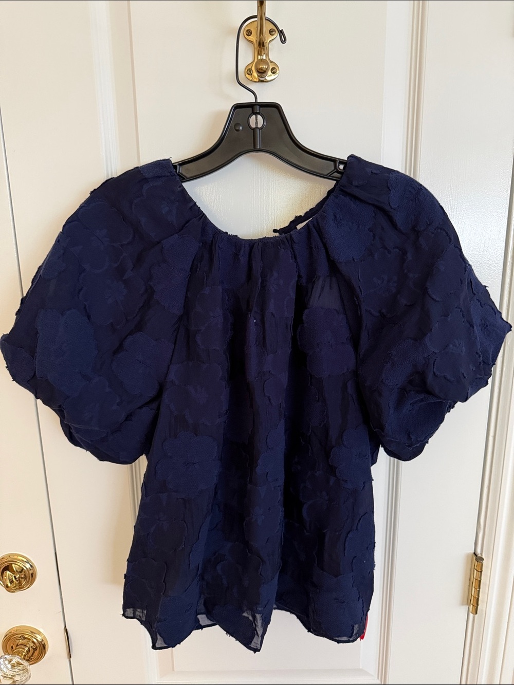 Tanya Taylor Navy Textured Floral Puff-Sleeve Blouse